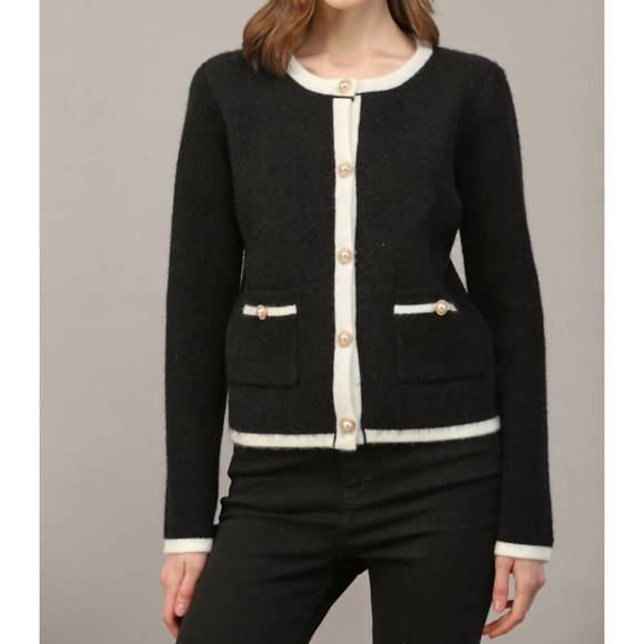 NEW FATE BY LFD color block cardigan with pearl button in black/cream - Picture 1 of 3